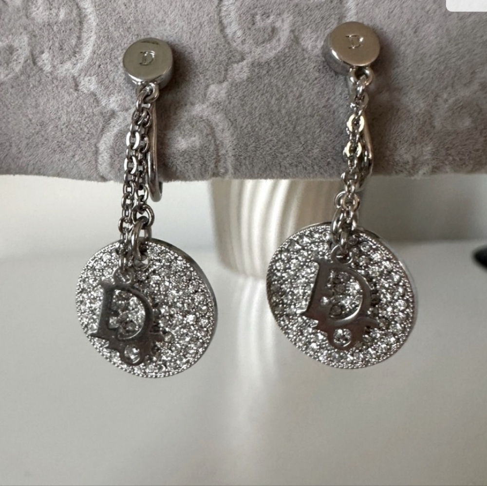 Dior Silver Crystal Drop Clip Earrings/ Gorgeous!